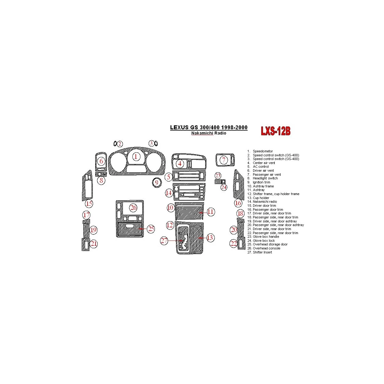 Lexus GS 1998-2000 Nakamichi Radio, OEM Compliance, 26 Parts set Interior BD Dash Trim Kit