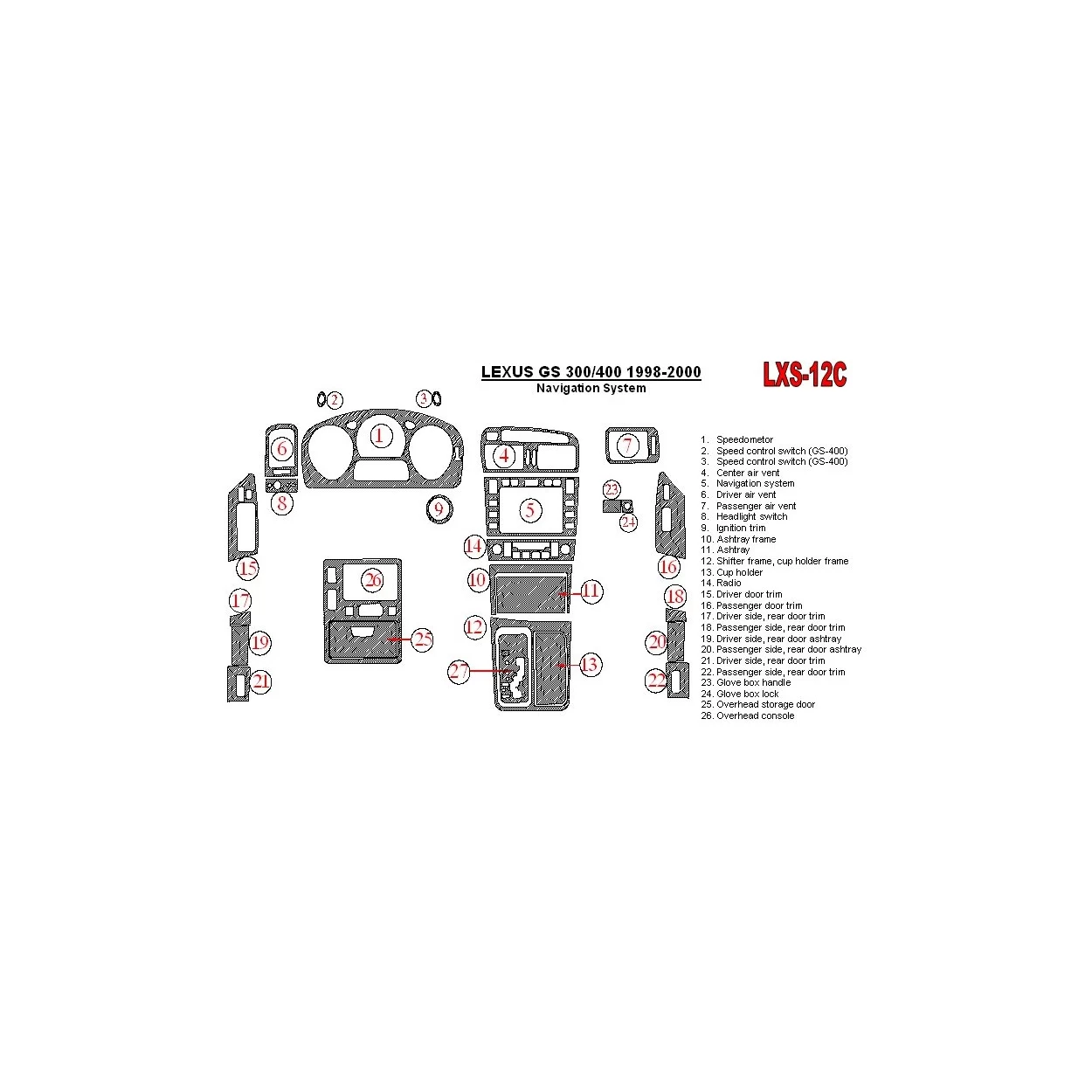 Lexus GS 1998-2000 Navigation system, OEM Compliance, 26 Parts set Interior BD Dash Trim Kit