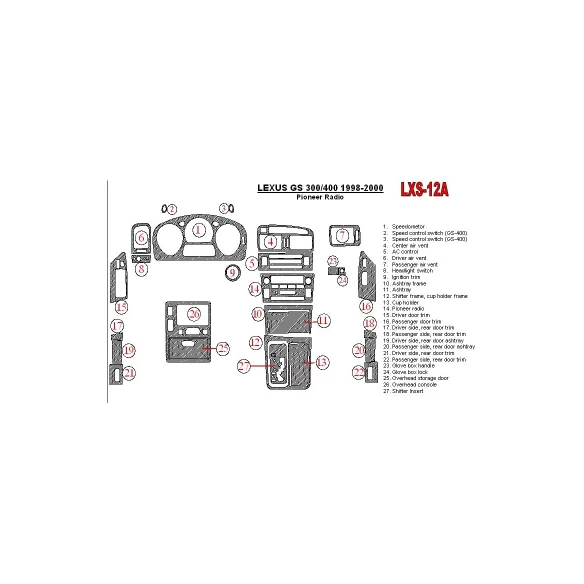 Lexus GS 1998-2000 Pioneer Radio, OEM Compliance,26 Parts set Interior BD Dash Trim Kit