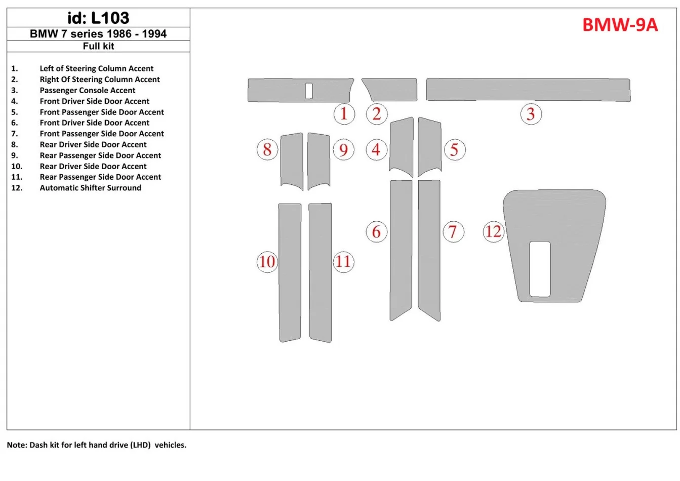 BMW 7 1986-1994 Full Set Interior BD Dash Trim Kit - 1 - Interior Dash Trim Kit