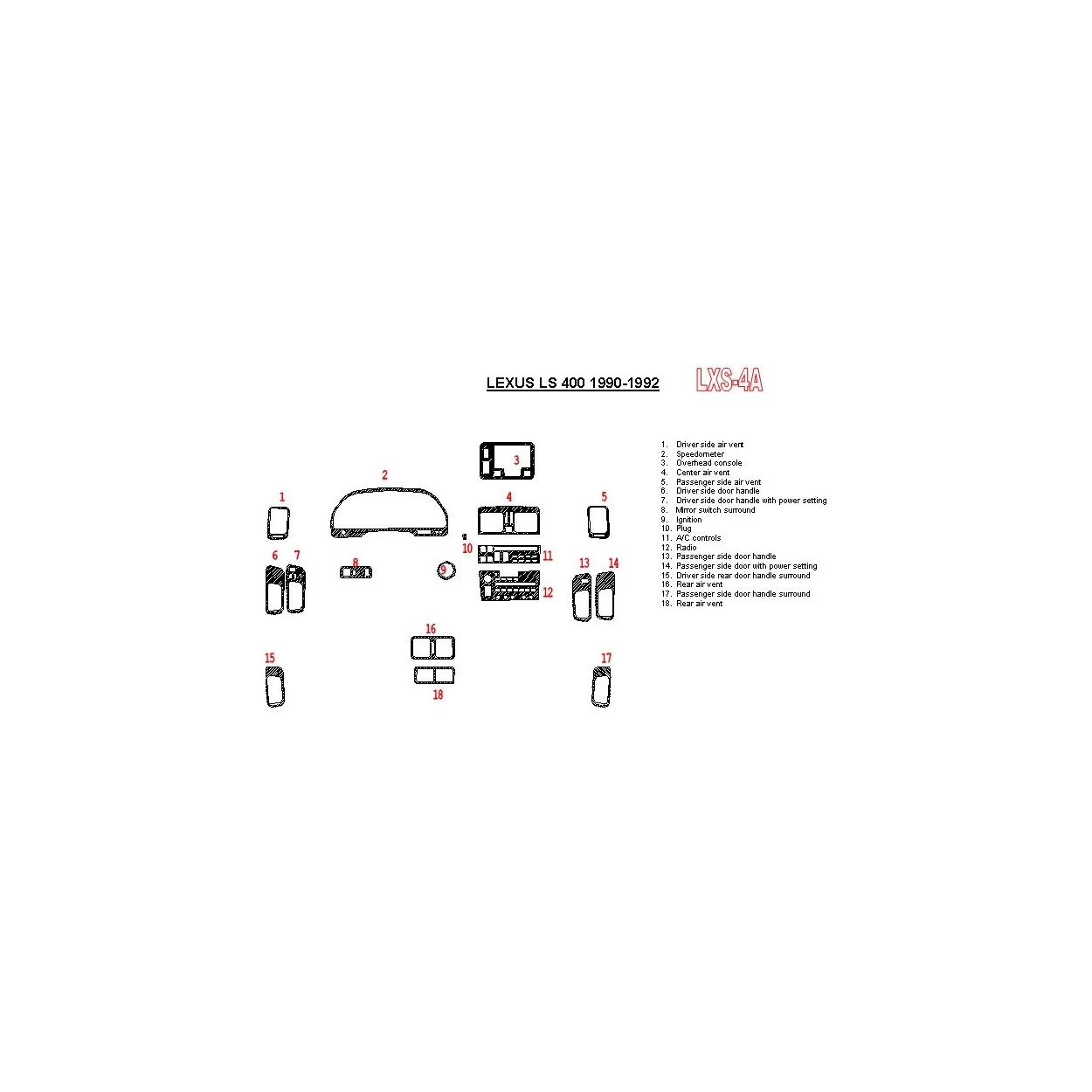 Lexus LS-400 1990-1992 Full Set, OEM Compliance, 18 Parts set Interior BD Dash Trim Kit
