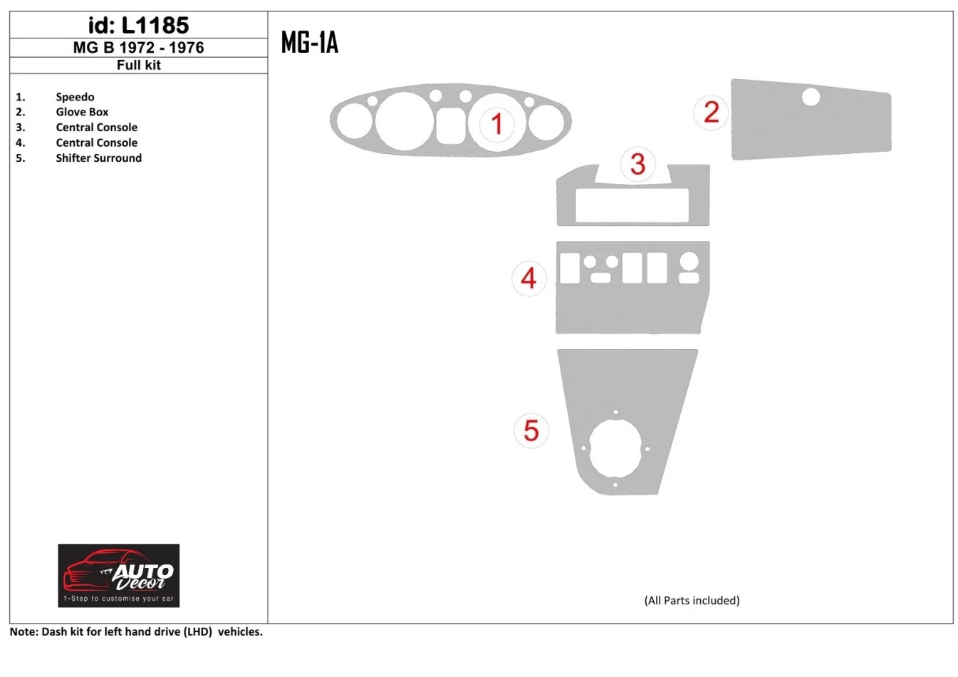 MG B 1972-1976 Full Set Interior BD Dash Trim Kit - 1 - Interior Dash Trim Kit