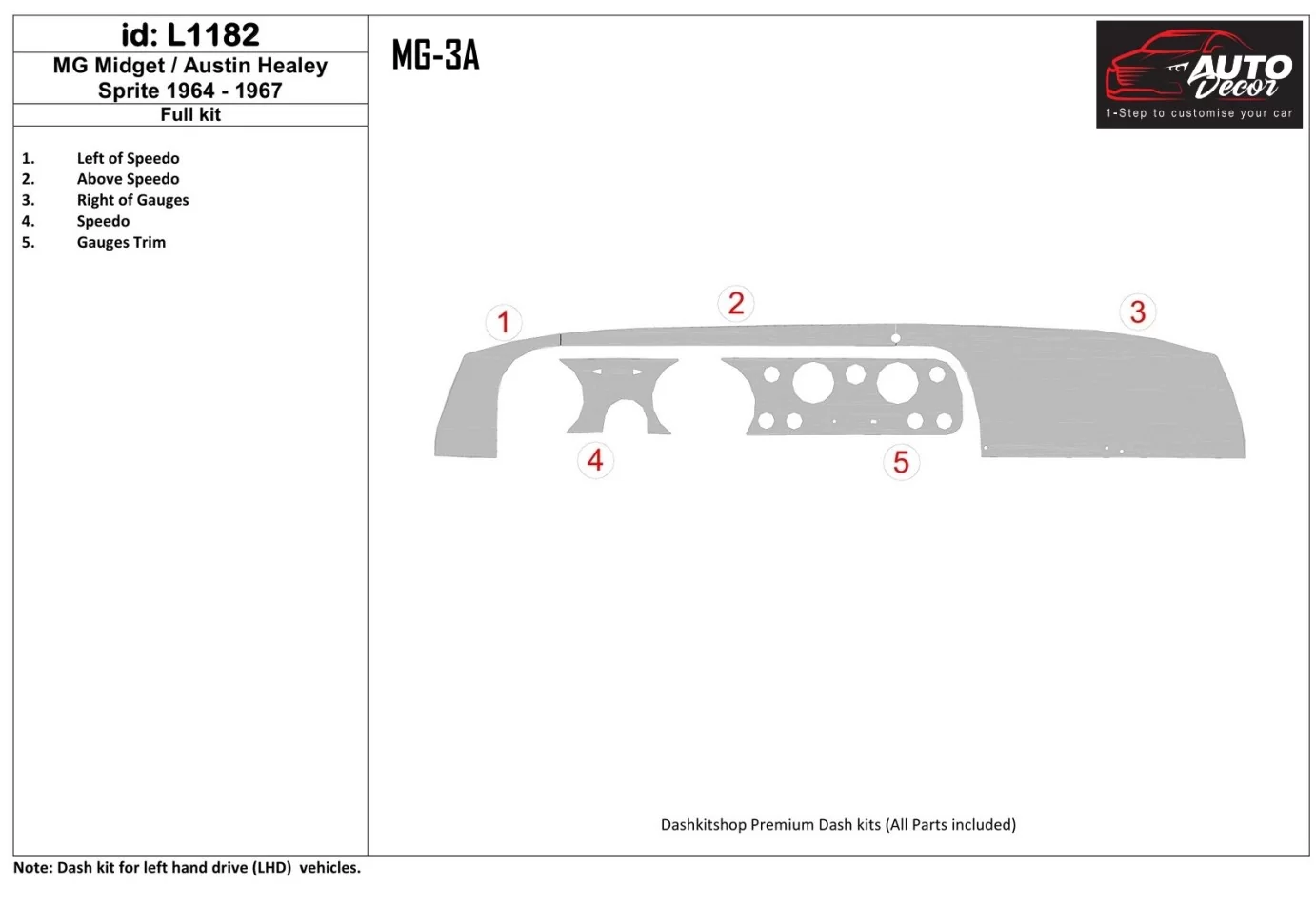 MG Midget/Austin Healey Sprite 1964-1967 Full Set Interior BD Dash Trim Kit - 1 - Interior Dash Trim Kit