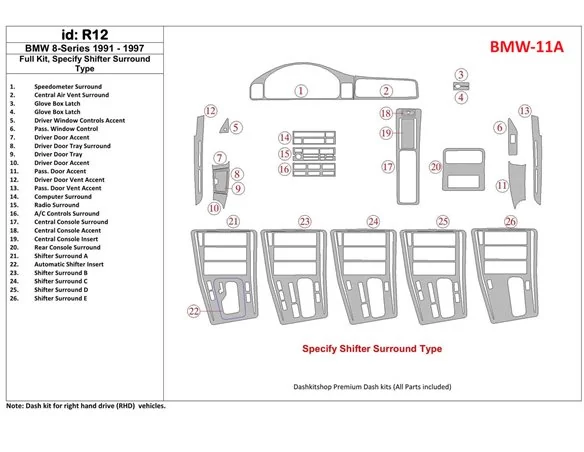 BMW 8 1991-1997 Full Set Interior BD Dash Trim Kit - 1 - Interior Dash Trim Kit