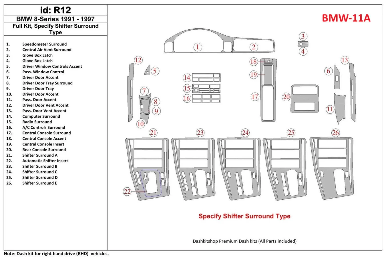 BMW 8 1991-1997 Full Set Interior BD Dash Trim Kit - 1 - Interior Dash Trim Kit