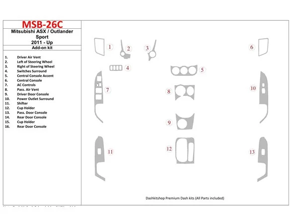 Mitsubishi ASX 2011-UP additional kit fits OEM Interior BD Dash Trim Kit - 1 - Interior Dash Trim Kit