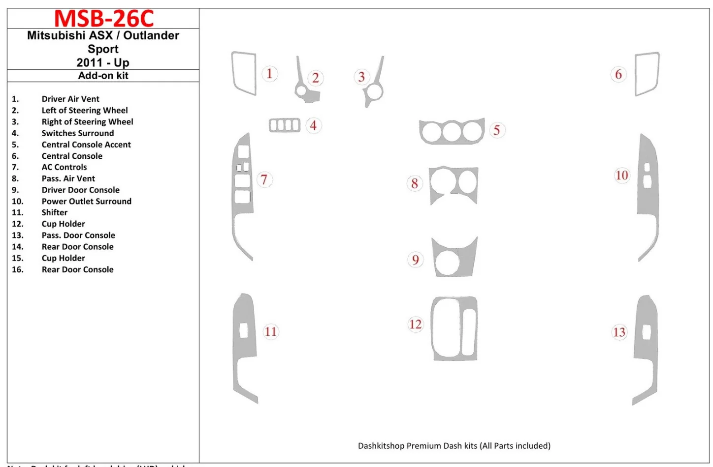 Mitsubishi ASX 2011-UP additional kit fits OEM Interior BD Dash Trim Kit - 1 - Interior Dash Trim Kit