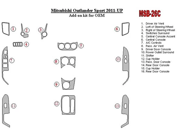 Mitsubishi ASX 2011-UP additional kit fits OEM Interior BD Dash Trim Kit