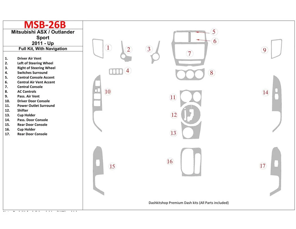 Mitsubishi ASX 2011-UP Full Set, With NAVI Interior BD Dash Trim Kit - 1 - Interior Dash Trim Kit