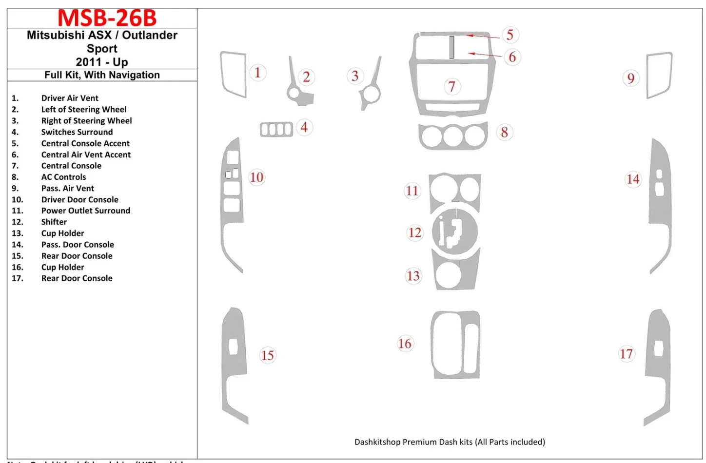 Mitsubishi ASX 2011-UP Full Set, With NAVI Interior BD Dash Trim Kit - 1 - Interior Dash Trim Kit