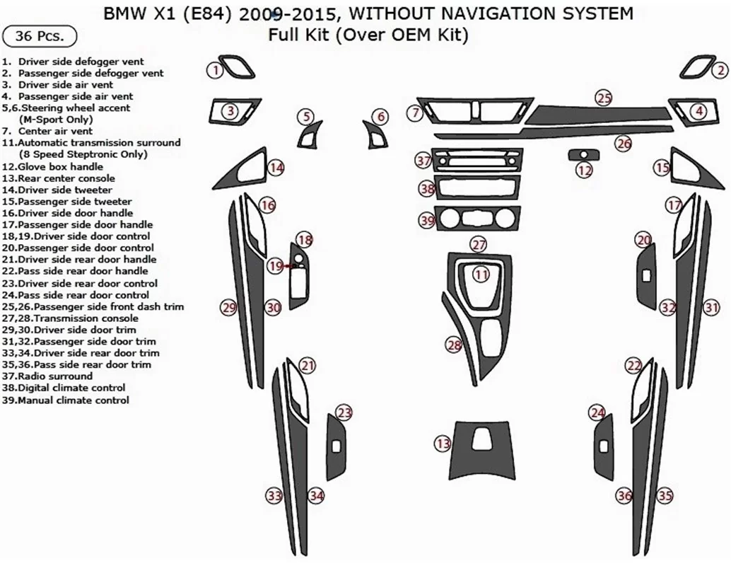 BMW X1 E84 2009–2015 3D Interior Dashboard Trim Kit Dash Trim Dekor 36-Parts - 1 - Interior Dash Trim Kit