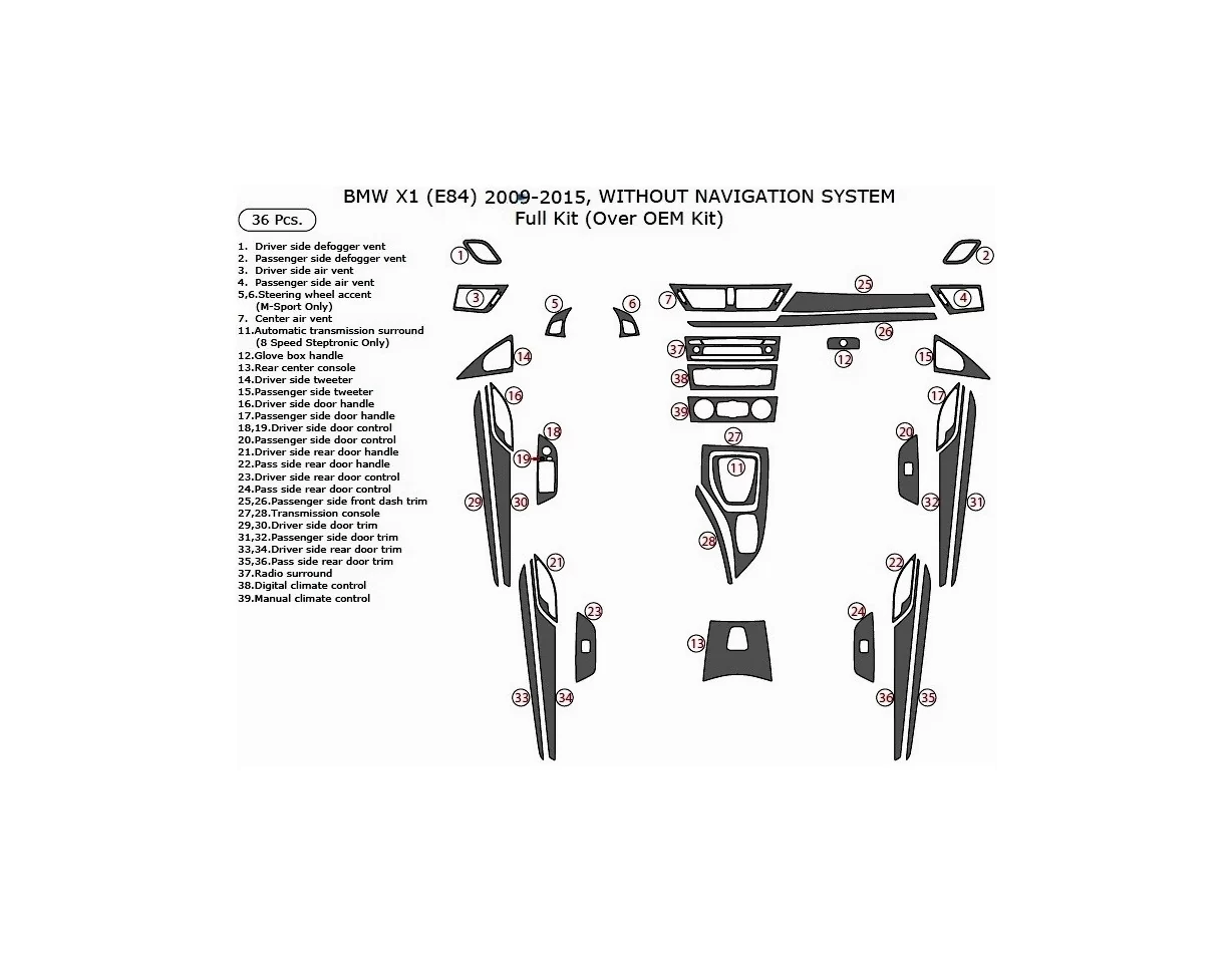 BMW X1 E84 2009–2015 3D Interior Dashboard Trim Kit Dash Trim Dekor 36-Parts - 1 - Interior Dash Trim Kit