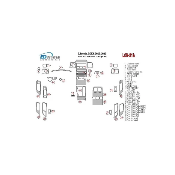 Lincoln MKS 2010-2012 Full Set, Without NAVI Interior BD Dash Trim Kit