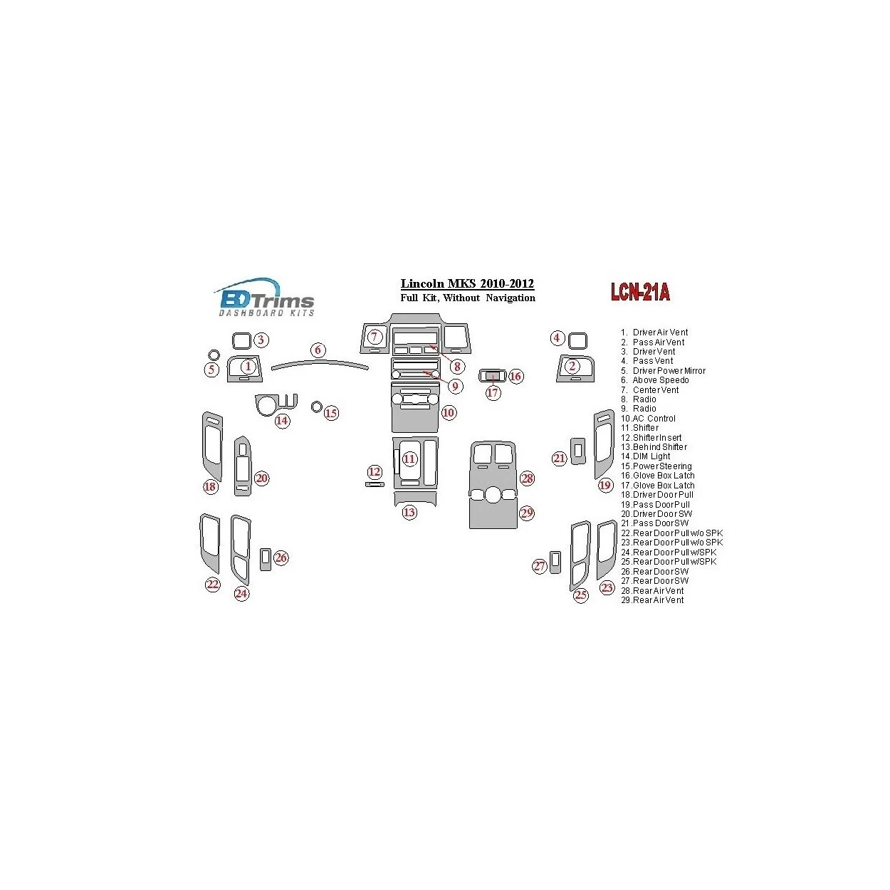 Lincoln MKS 2010-2012 Full Set, Without NAVI Interior BD Dash Trim Kit