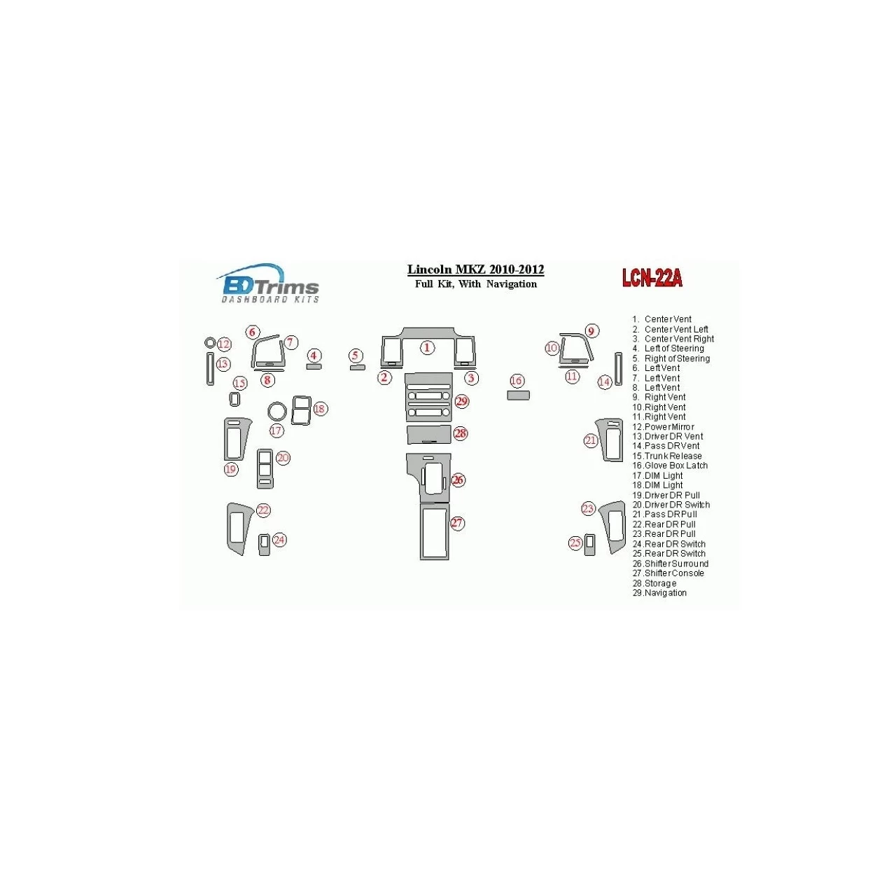 Lincoln MKZ 2010-2012 Full Set, With NAVI Interior BD Dash Trim Kit
