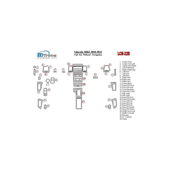 Lincoln MKZ 2010-2012 Full Set, Without NAVI Interior BD Dash Trim Kit
