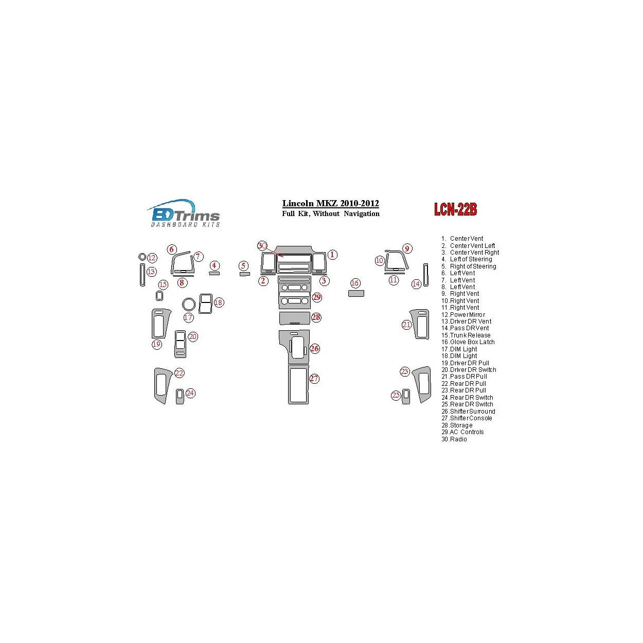 Lincoln MKZ 2010-2012 Full Set, Without NAVI Interior BD Dash Trim Kit