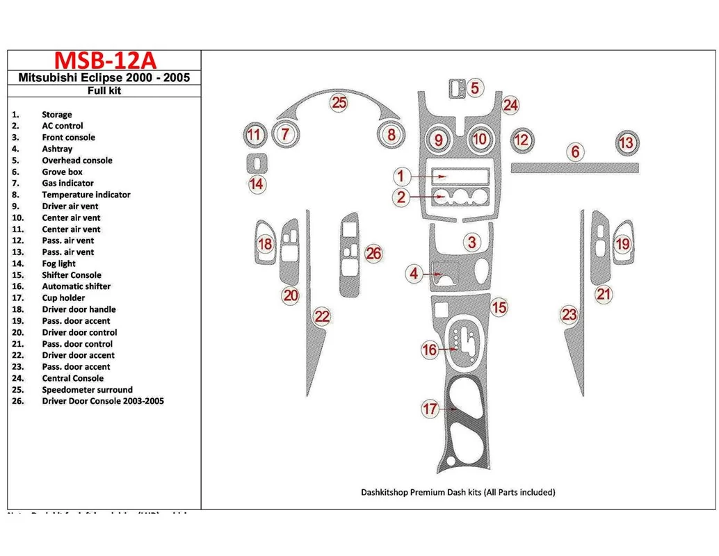 Mitsubishi Eclipse 2000-2005 Full Set, 25 Parts set Interior BD Dash Trim Kit - 1 - Interior Dash Trim Kit