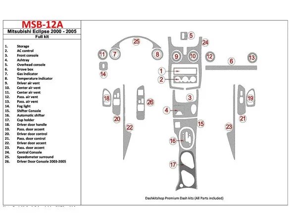 Mitsubishi Eclipse 2000-2005 Full Set, 25 Parts set Interior BD Dash Trim Kit - 1 - Interior Dash Trim Kit