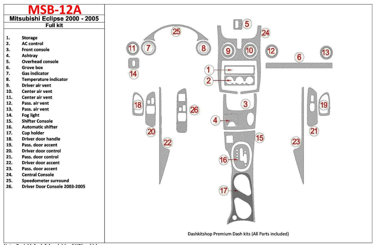 Mitsubishi Eclipse 2000-2005 Full Set, 25 Parts set Interior BD Dash Trim Kit - 1 - Interior Dash Trim Kit