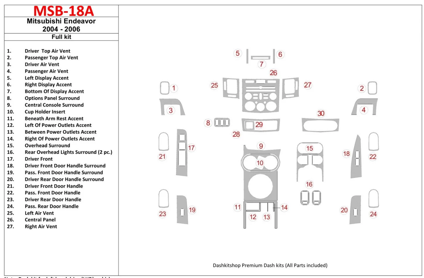 Mitsubishi Endeavor 2004-2006 Full Set Interior BD Dash Trim Kit - 1 - Interior Dash Trim Kit