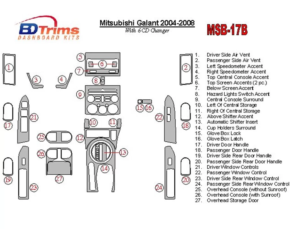Mitsubishi Galant 2004-2008 With 6 CD Player Interior BD Dash Trim Kit - 1 - Interior Dash Trim Kit