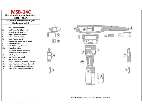 Mitsubishi Lancer 2002-2007 Automatic Gear, (?? EVOLUTION model) Interior BD Dash Trim Kit - 1 - Interior Dash Trim Kit