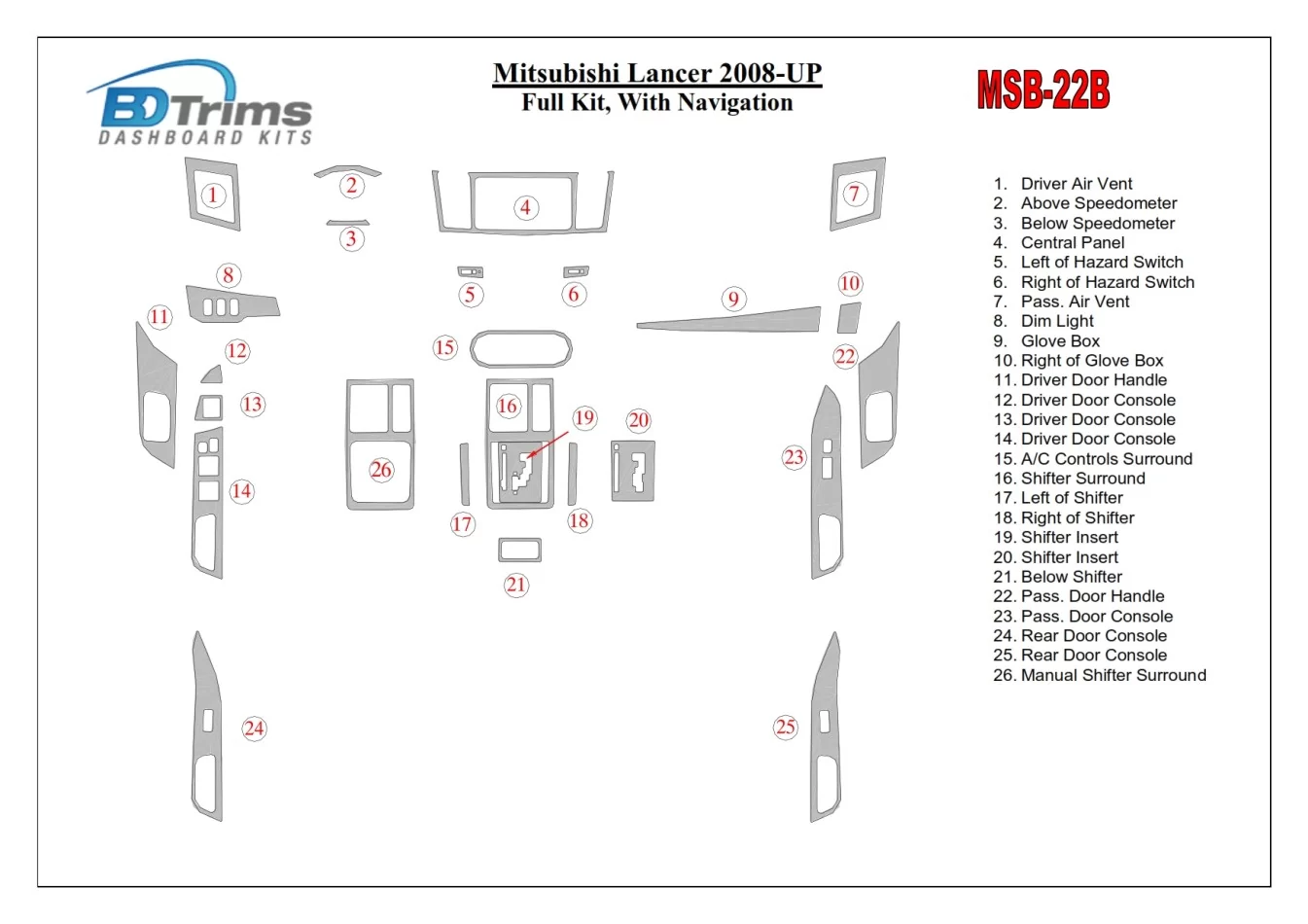 Mitsubishi Lancer 2008-UP Full Set, With NAVI Interior BD Dash Trim Kit - 1 - Interior Dash Trim Kit
