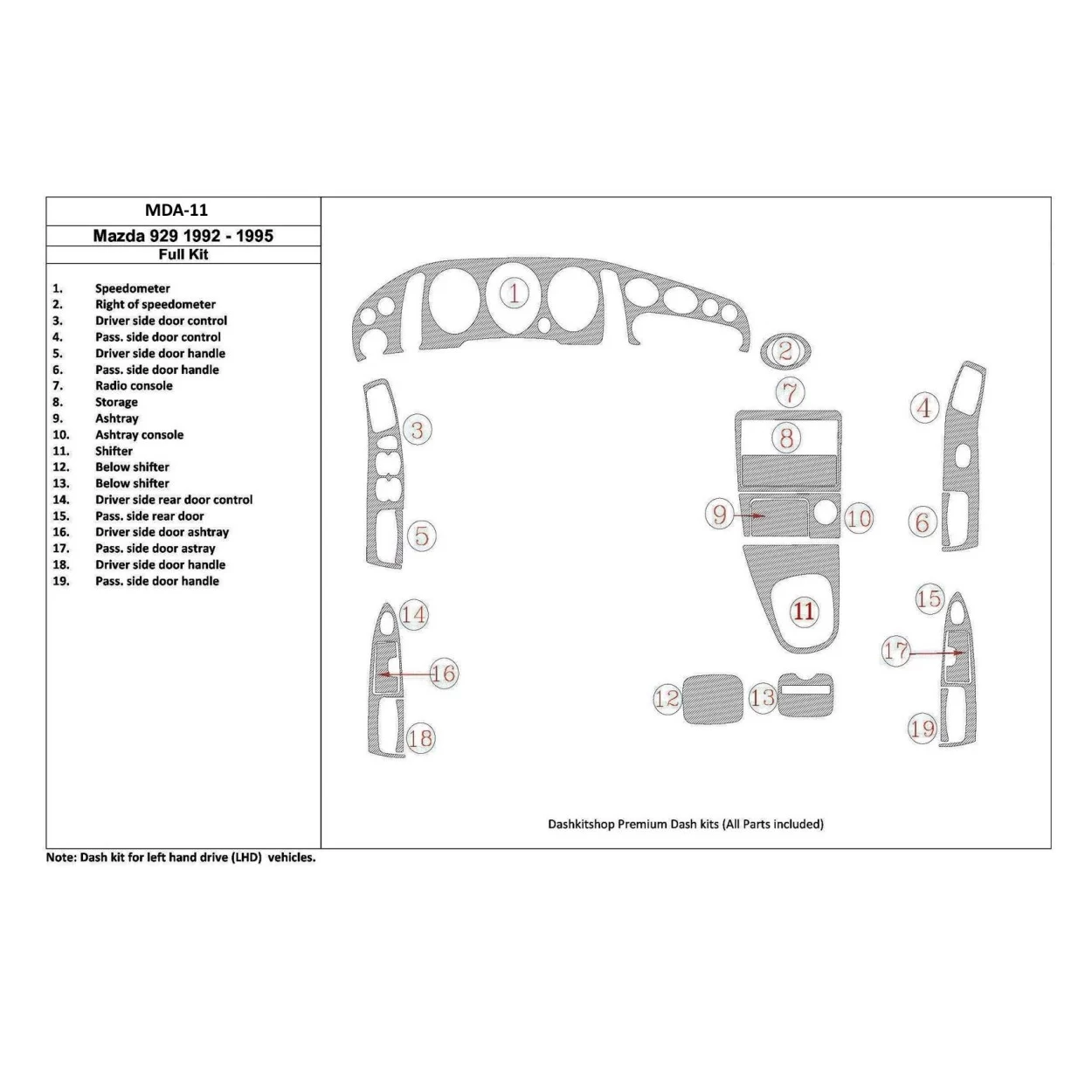 Mazda 929 1992-1995 Full Set, 19 Parts set Interior BD Dash Trim Kit