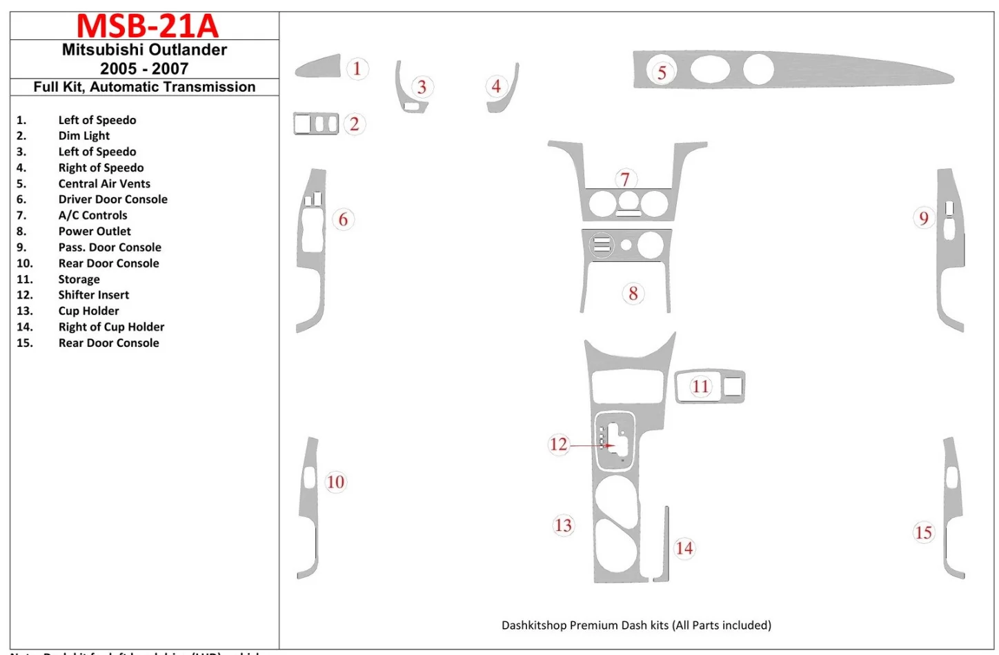 Mitsubishi Outlander 2005-2007 Full Set, Automatic Gear Interior BD Dash Trim Kit - 1 - Interior Dash Trim Kit