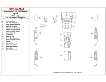 Mitsubishi Outlander ASX/Sport 2011-UP Full Set, Without NAVI Interior BD Dash Trim Kit - 1 - Interior Dash Trim Kit