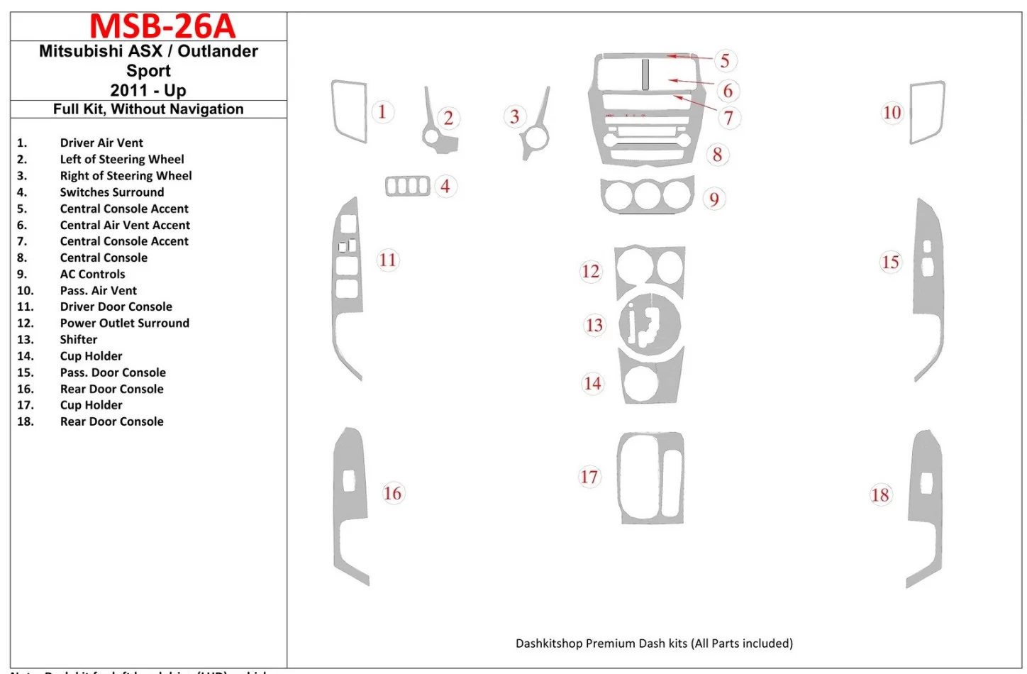 Mitsubishi Outlander ASX/Sport 2011-UP Full Set, Without NAVI Interior BD Dash Trim Kit - 1 - Interior Dash Trim Kit