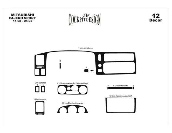 Mitsubishi Pajero Sport 11.98-04.02 3D Interior Dashboard Trim Kit Dash Trim Dekor 12-Parts