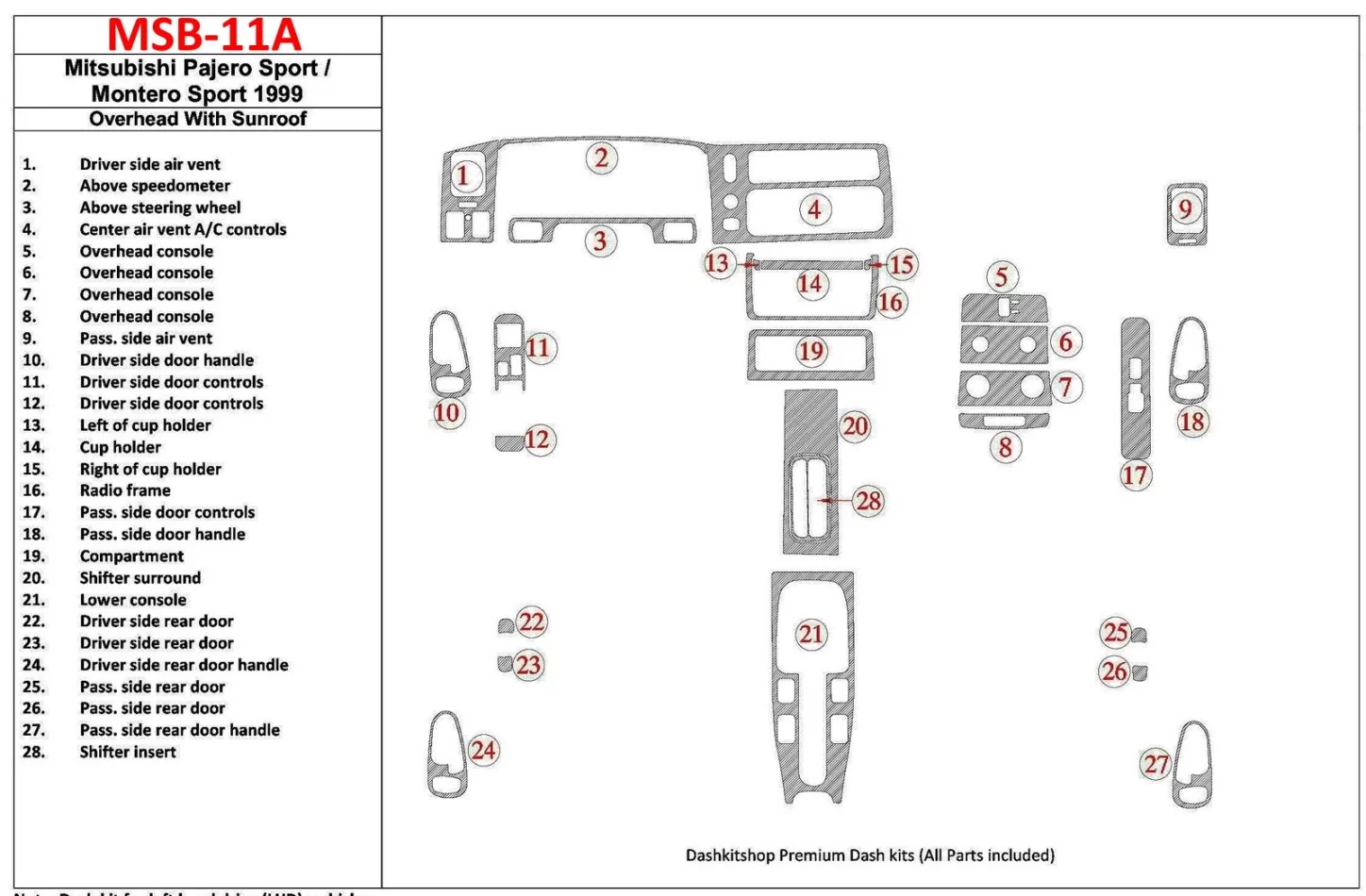 Mitsubishi Pajero Sport/Montero Sport 1998-2008 Overhead With Sunroof, 28 Parts set Interior BD Dash Trim Kit - 1 - Interior Das