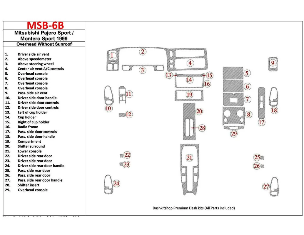Mitsubishi Pajero Sport/Montero Sport 1998-2008 With Overhead, Without Sunroof, 29 Parts set Interior BD Dash Trim Kit - 1 - Int