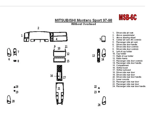 Mitsubishi Pajero Sport/Montero Sport 1998-2008 Without Overhead, 24 Parts set Interior BD Dash Trim Kit