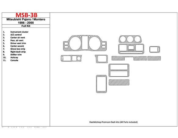 Mitsubishi Pajero/Montero 1991-1999 Full Set, 11 Parts set Interior BD Dash Trim Kit - 1 - Interior Dash Trim Kit