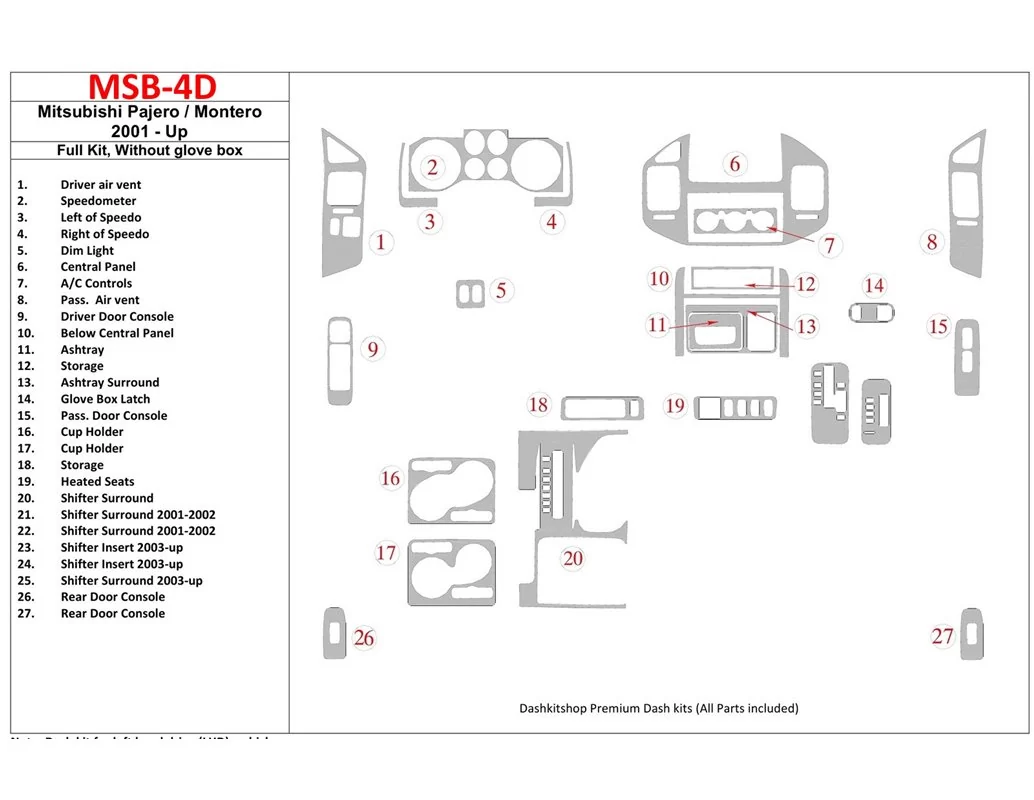 Mitsubishi Pajero/Montero 2000-2006 Full Set, Without glowe-box Interior BD Dash Trim Kit - 1 - Interior Dash Trim Kit