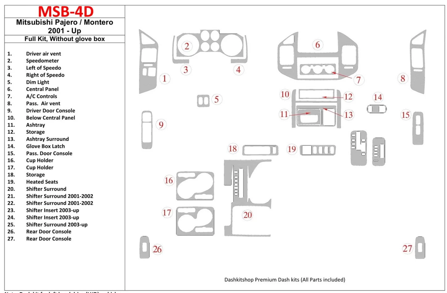 Mitsubishi Pajero/Montero 2000-2006 Full Set, Without glowe-box Interior BD Dash Trim Kit - 1 - Interior Dash Trim Kit