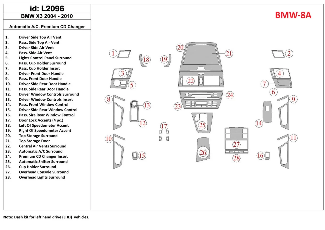 BMW X3 2004-UP Automatic Gearbox AC Control, Premium CD Changer Interior BD Dash Trim Kit - 1 - Interior Dash Trim Kit