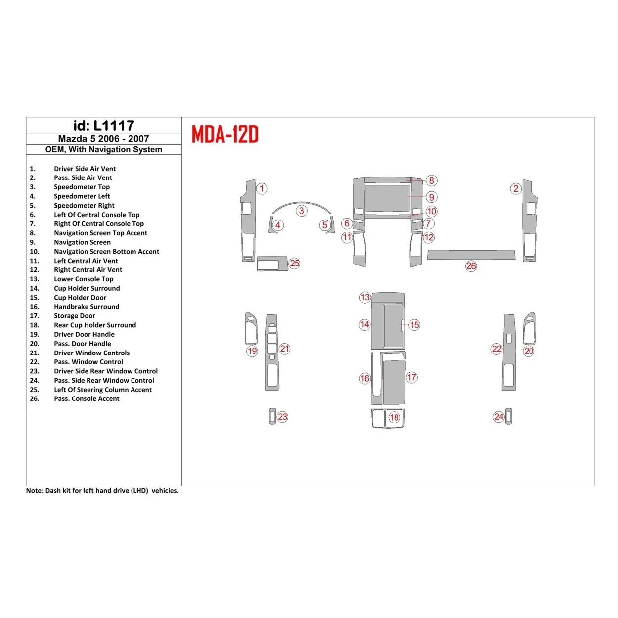 Mazda Mazda5 2006-2007 OEM, With NAVI Interior BD Dash Trim Kit