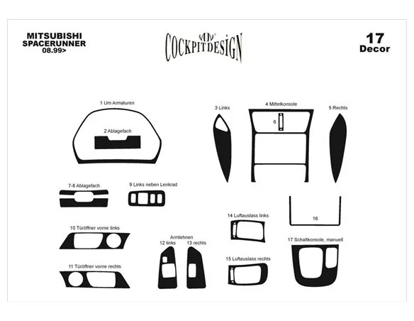 Mitsubishi Spacerunner 08.99-03.04 3D Interior Dashboard Trim Kit Dash Trim Dekor 17-Parts