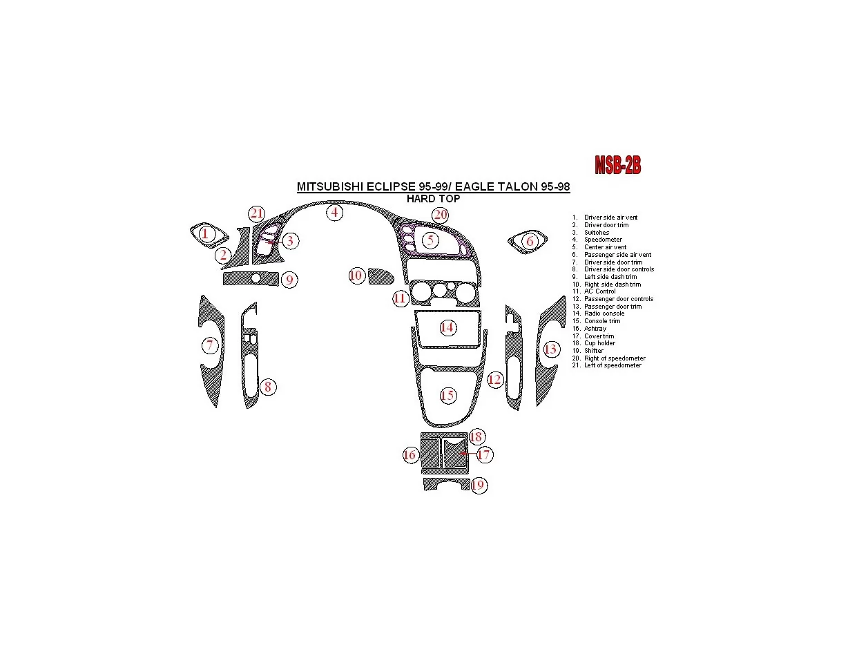 Mitsubishi Spyder 1995-1999 Soft roof-Coupe, 21 Parts set Interior BD Dash Trim Kit - 1 - Interior Dash Trim Kit