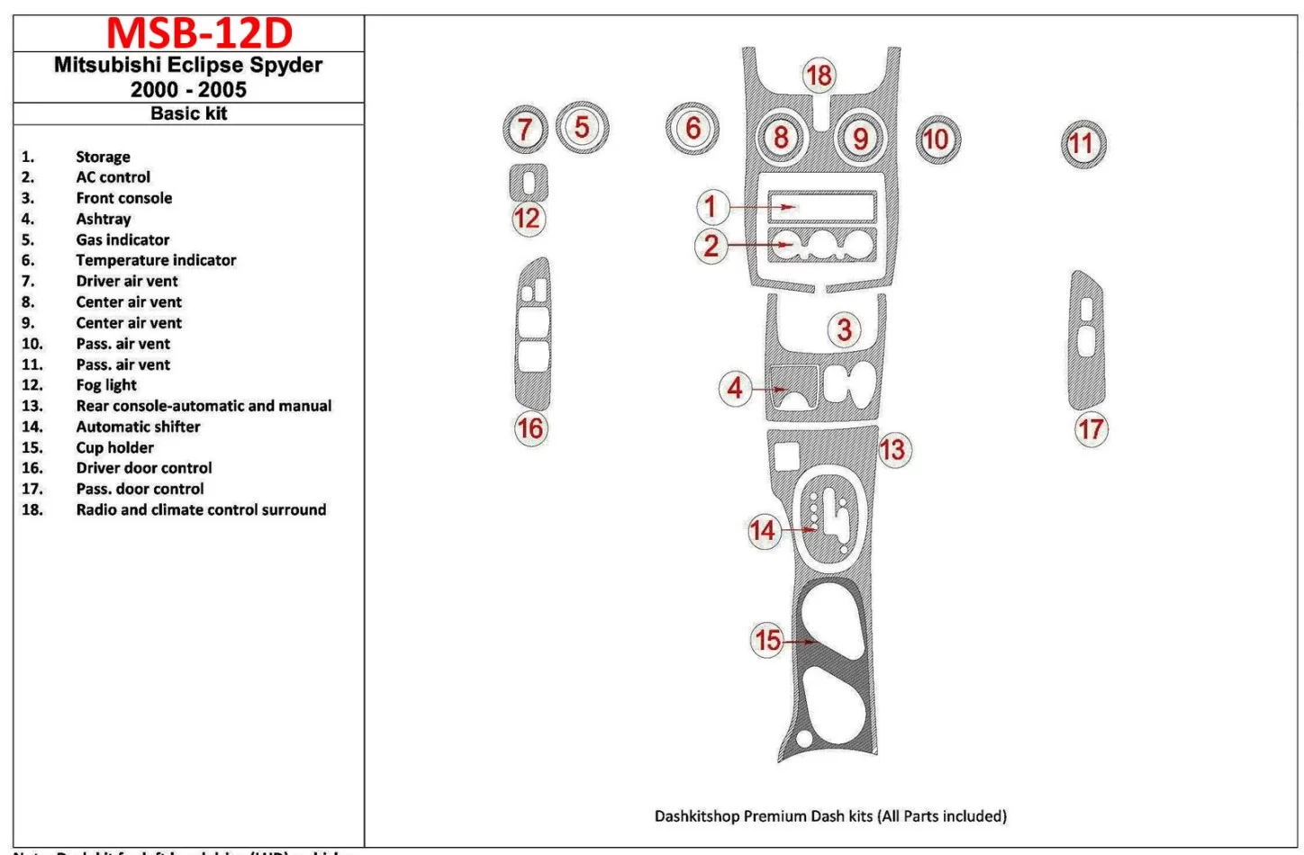 Mitsubishi Spyder 2000-2005 Basic Set, 18 Parts set Interior BD Dash Trim Kit - 1 - Interior Dash Trim Kit