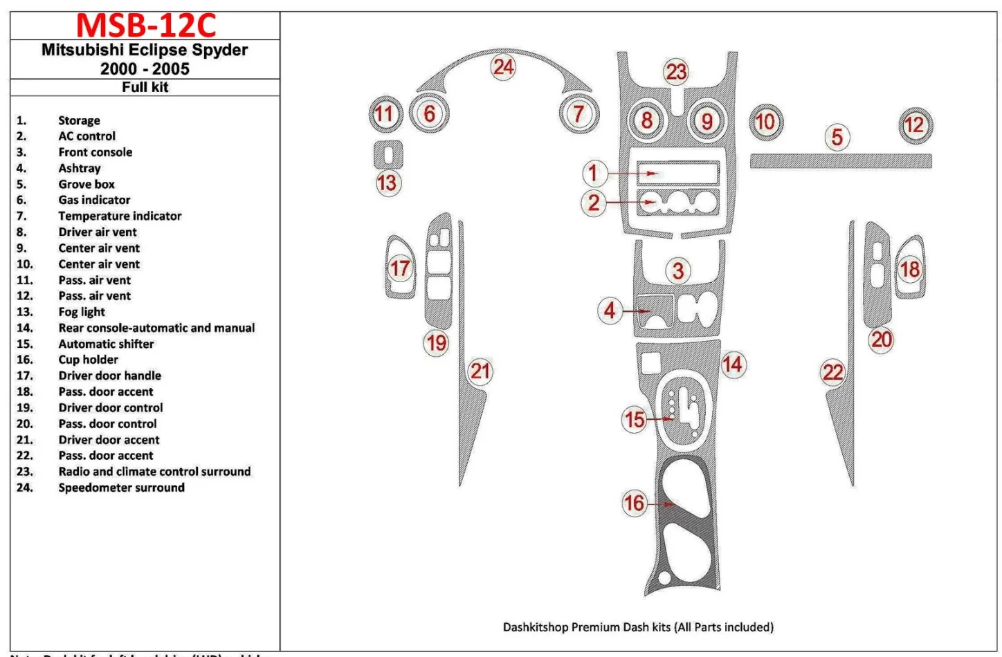 Mitsubishi Spyder 2000-2005 Full Set, 24 Parts set Interior BD Dash Trim Kit - 1 - Interior Dash Trim Kit
