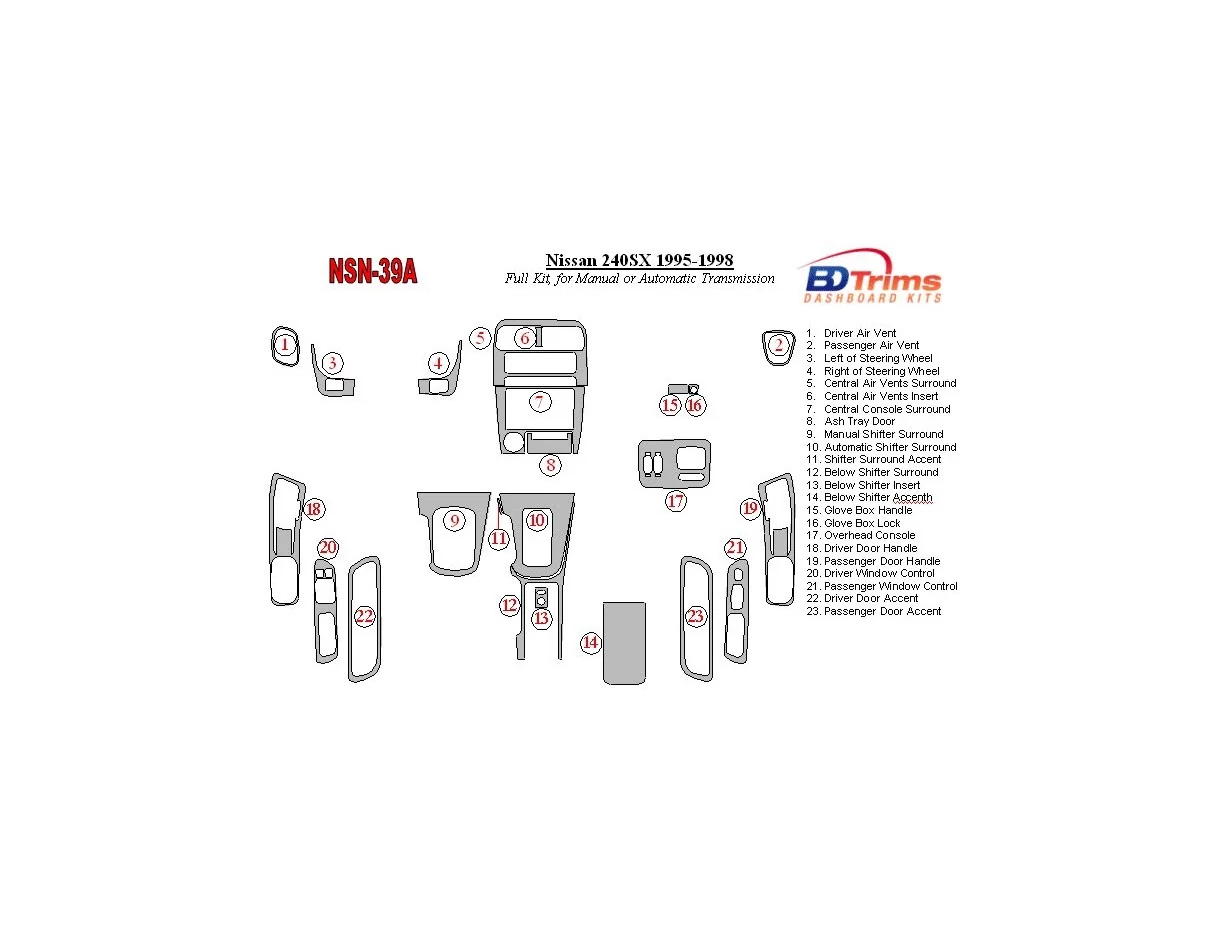 Nissan 240SX 1995-1998 Manual Gearbox or Automatic Gear Interior BD Dash Trim Kit - 1 - Interior Dash Trim Kit