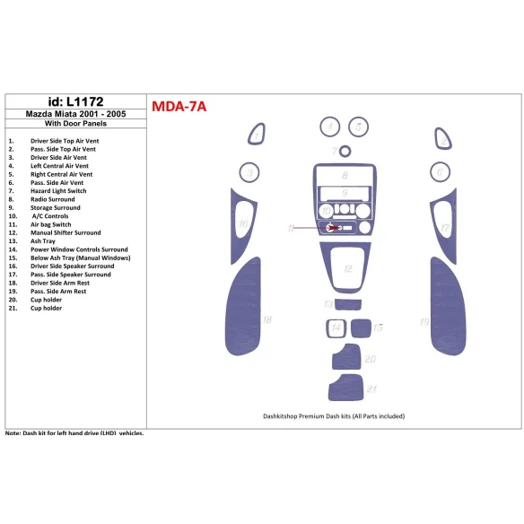 Mazda Miata 2001-2005 With Door panels, 21 Parts set Interior BD Dash Trim Kit