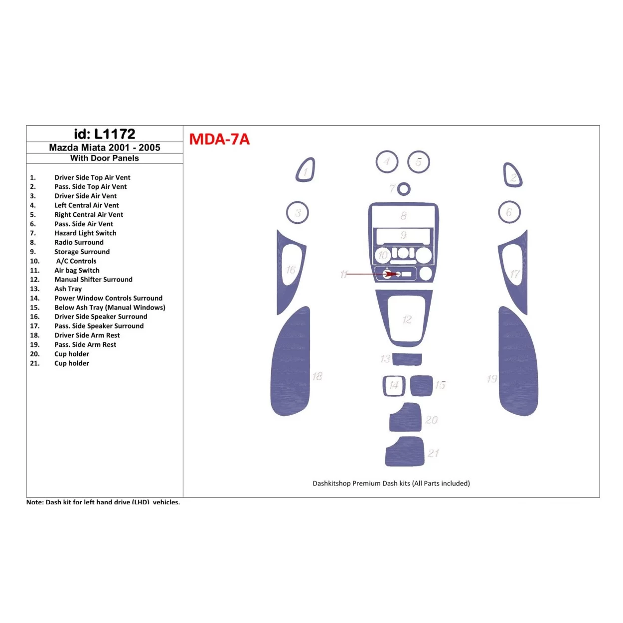 Mazda Miata 2001-2005 With Door panels, 21 Parts set Interior BD Dash Trim Kit