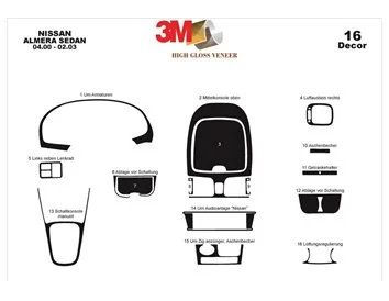 Nissan Almera Sedan 04.00-02.03 3D Interior Dashboard Trim Kit Dash Trim Dekor 16-Parts