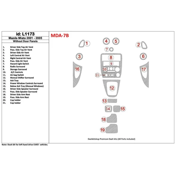 Mazda Miata 2001-2005 Without Door panels, 19 Parts set Interior BD Dash Trim Kit